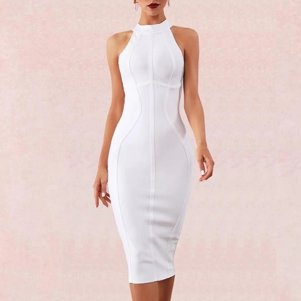 High Neck White Fitted Dress